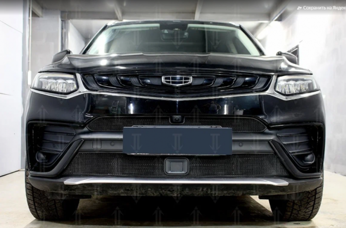 Защита радиатора "Standart" Geely Tugella FY11 (2019-н.в.) верх с камерой, чёрная купить недорого с доставкой в Саров